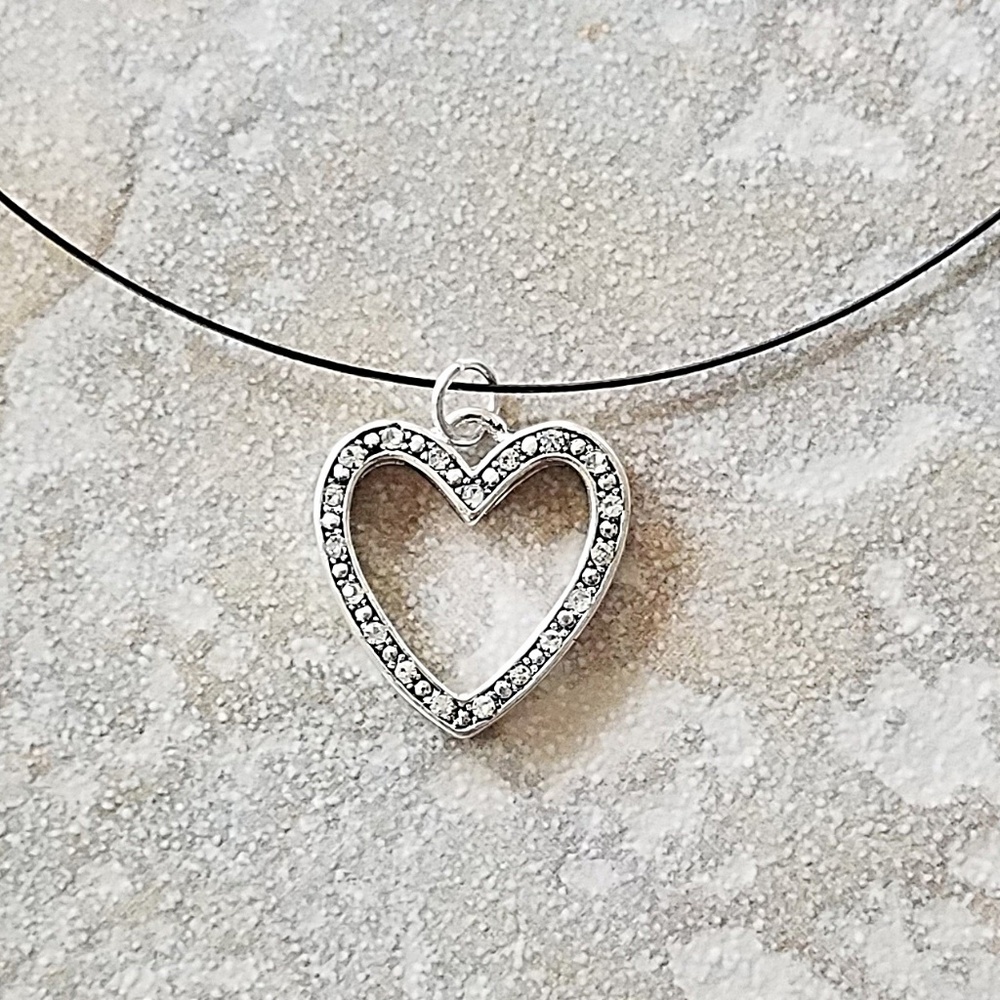 Silver Heart Rhinestone Necklace 18” - Picture 2 of 3
